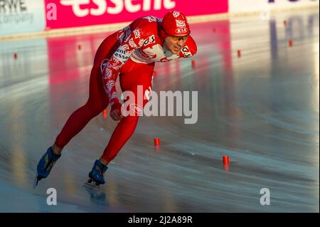 Denis Yuskov tritt bei den Essent European Speed Skating Championships 2012, City Park Ice Rink, Budapest, Ungarn, für Russland an Stockfoto