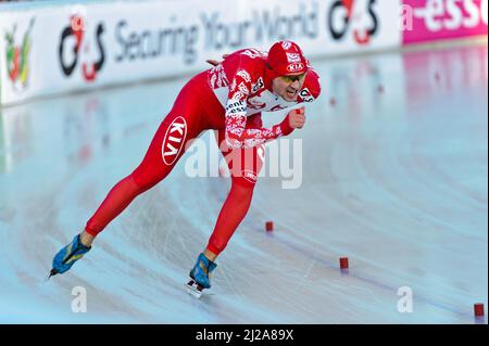 Denis Yuskov tritt bei den Essent European Speed Skating Championships 2012, City Park Ice Rink, Budapest, Ungarn, für Russland an Stockfoto