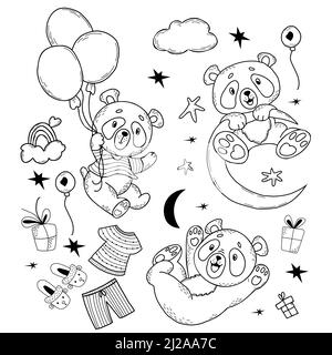 Set von niedlichen Panda-Figuren. Panda im gestreiften T-Shirt fliegt auf Luftballons, spielt und hängt auf Mond, Geschenken und Regenbogen in Wolken. Vektordarstellung in Stock Vektor