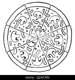Vegetarische Pizza mit Pilzen handgezeichnete Skizze. Schwarz-weiße Vektorgrafik im Doodle-Stil Stock Vektor