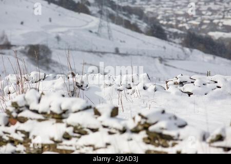 Queensbury, Bradford, West Yorkshire, Großbritannien. 31.. März 2022. Wetter in Großbritannien. Ein kalter, verschneiter Morgen in der West Yorkshire-Stadt Queensbury, in der Nähe von Bradford, England, Großbritannien. Queensbury ist ein großes Dorf im Metropolbezirk Bradford, West Yorkshire, England. Queensbury liegt an einem hohen Aussichtspunkt über Halifax, Clayton und Thornton und überblickt Bradford selbst und ist eine der höchsten Gemeinden in England. Kredit: Windmill Images/Alamy Live Nachrichten Stockfoto