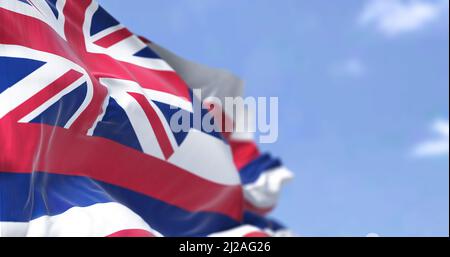 Die Staatsflagge von Hawaii winkt im Wind. Hawaii ist ein Staat im Westen der Vereinigten Staaten. Demokratie und Unabhängigkeit. Stockfoto