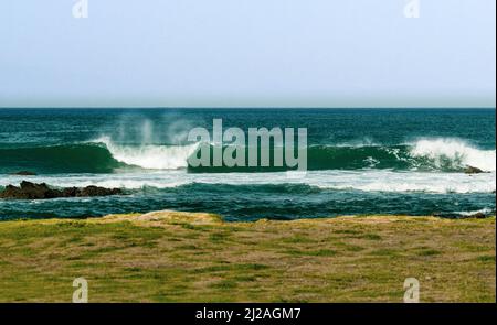 Von der Spitze der Koisonohana-Landzunge am südlichen Ende des Isshiki-Strandes aus können Sie viel größere Wellen genießen, die an Land stürzten, während sie die Küste durchbrechen. Stockfoto