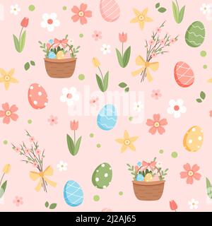 Ostern im Frühling mit niedlichen Elementen - verzierte Eier und Blumen. Vektor-Illustration im flachen Cartoon-Stil Stock Vektor
