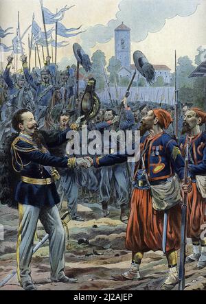 Allegorie de l'hymne national du royaume italien 'Marcia reale' representant le roi Victor Emmanuel II (Victor-Emmanuel II ou Vittorio Emanuele II) et les combattants pour la liberte ((italienische Nationalhymne zu Zeiten von König Vittorio emmanuele II.) Illustration tiree de 'Les chants nationaux de tous les Pays' de Job et Montorgueil Collection privee Stockfoto