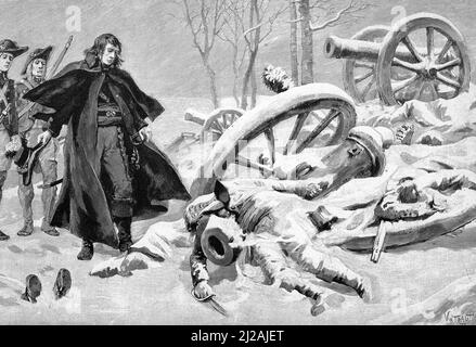 Guerre du Roussillon (guerre des Pyrenees, guerre de la Convention, guerre franco-espagnole ou guerre du Roussillon et de Catalogne): la mort de Claude Dominique Come Fabre dit Fabre de l'Herault (1762-1794) homme politique francais le 9 janvier 1794 pres de Port Vendres (Pyrenäenkrieg, Roussillon- oder Konventionskrieg) war die Pyrenäenkriegsfront des Ersten Koalitionskrieges gegen die erste Französische Republik : Tod von Claude Dominique Come Fabre 1794) Gravure tiree de 'Sang gaulois' d'Edouard Zier 1905 Collection privee Stockfoto