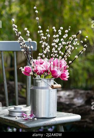 Frühlingsblumen-Arrangement. Rosafarbene, weiße Tulpen und Weidenzweige mit Katzenmuscheln in einer Aluminiummilchdose. Blumiges Stillleben im Garten. Stockfoto