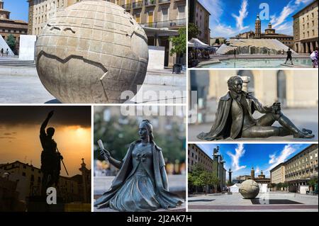 Fotocollage, die die Orte und Denkmäler von historischem und touristischem Interesse in der schönen Stadt Zaragoza (Saragossa) in Spanien, Aragon darstellt. Stockfoto