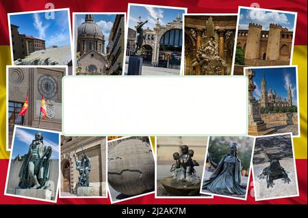 Fotocollage, die die Orte und Denkmäler von historischem und touristischem Interesse in der schönen Stadt Zaragoza (Saragossa) in Spanien, Aragon darstellt. Stockfoto