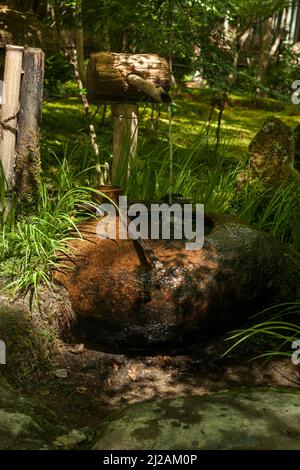 Vertikale Ansicht eines Reinigungsbrunnens in den Wäldern des buddhistischen Gio-Ji-Tempels, Arashiyama District, Kyoto, Japan Stockfoto