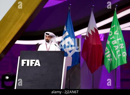 Der Generalsekretär des Obersten Komitees für Lieferung und Vermächtnis Hassan Al-Thawadi während des FIFA-Kongresses 72. im Doha Exhibition and Convention Center, Doha. Bilddatum: Donnerstag, 31. März 2022.