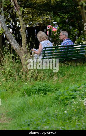 Ein älteres Paar, das sich im Waldgebiet entspannt Stockfoto