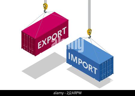 Isometrischer globaler Handel, Vertrieb und Logistik. Waren und Dienstleistungen Import, Exportkontrolle, Verkauf. Maritime Hafen Kran heben zwei rote Fracht Stock Vektor