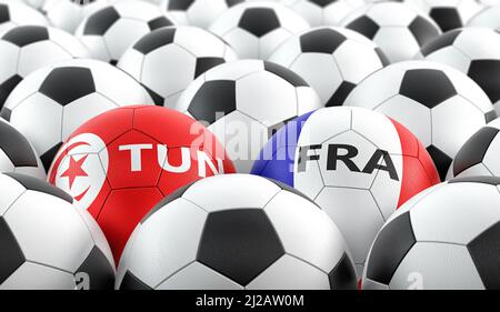 Frankreich gegen Tunesien Fußballspiel - Fußballbälle in Frankreich und Tunesien Nationalfarben. 3D Rendering Stockfoto