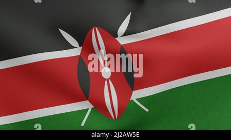 Nationalflagge Kenias winkt 3D Render, Republik Kenia Flaggenstoff mit Maasai Schild, Wappen Kenias Unabhängigkeitstag, Bendera ya Kenya Stockfoto