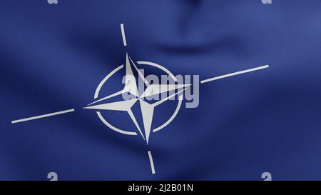 Flagge der Organisation des Nordatlantikvertrags winkt 3D Render, Flagge des NATO-Textils, Kompassrose-Emblem: USA, New York - 30. März 2022 Stockfoto