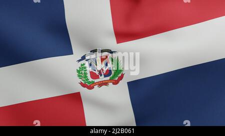 Nationalflagge der Dominikanischen Republik winkt 3D Render, Textil mit dominikanischer Flagge entworfen von Juan Pablo Duarte, Unabhängigkeitstag der Dominikanischen Republik Stockfoto