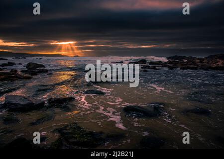 Abendlicht bei ankommender Flut am abgeschiedenen Little Fistral Beach an der Küste von Newquay in Cornwall. Stockfoto