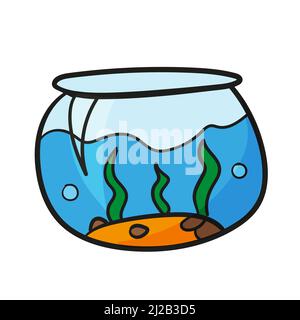 Aquarium Glasschale mit Wasser im Cartoon-Stil. Vektor handgezeichnete Illustration von transparenten Becken für Fische und Aquakulturen Stock Vektor