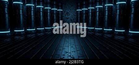 Science Fiction Futuristisches Spotlight Blush Blue Banner Hintergrund Raumschiff Architektur für Showroom Studio Montage 3D Illustration Stockfoto