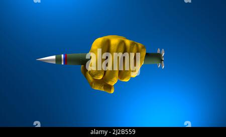 Hand in Farben der ukrainischen Flagge mit russila ballistischen Missle auf blauem Hintergrund - 3D Abbildung Stockfoto