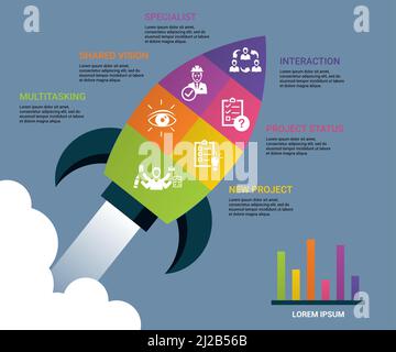 Infografik Symbole für die Verwaltung Vektordarstellung. 6 farbige Steps-Info-Vorlage mit bearbeitbarem Text. Stock Vektor