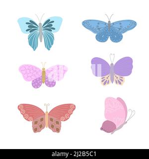 Fancy kleine bunte Schmetterlinge in einfachen flachen Stil Vektor-Illustration gesetzt, Symbol der Osterferien, Frühling oder Sommer, Feier Dekor, Cliparts für Karten, Banner, Frühlingsdekoration, niedliches Insekt Stock Vektor