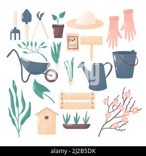 Gartengeräte und Pflanzen im Cartoon-Stil. Sammlung zum Thema Garten und Landwirtschaft. Niedliche Vektorgrafik Stock Vektor