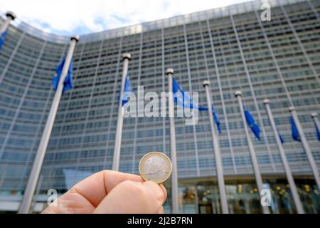 Belgien, Brüssel, 1. Januar 2022: Eine Euro-Münze, 20.. Jahrestag der Einführung von Euro-Banknoten und -Münzen, Europas einheitlicher Currenc Stockfoto