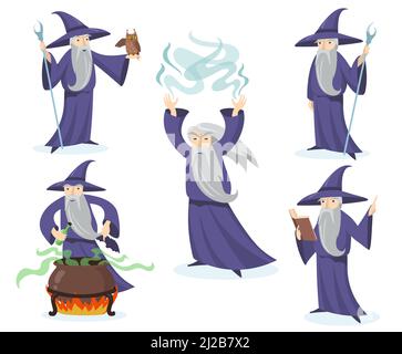 Mittelalterlicher Zauberer. Zauberer in Hut und Kleid mit verschiedenen Zubehör, Magier mit Eule, Warlock kochender Trank in Kessel Vektor-Illustration für Witz Stock Vektor