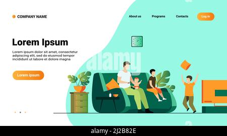 Familie und Elternschaft Konzept. Cartoon Vater Fütterung jüngsten Sohn im TV im Wohnzimmer, während andere Jungen spielen zusammen. Vektorgrafik Stock Vektor