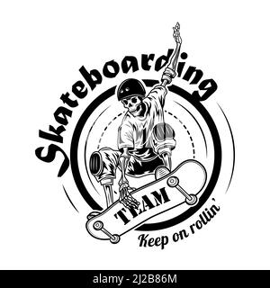 Skateboarding Team Symbol Vektor Illustration. Skelett in Helm auf Skateboard in Sprung und Text. Extremsportkonzept für Community-Embleme oder Team Stock Vektor