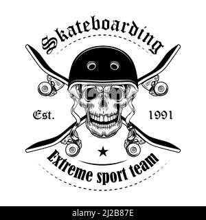 Skateboarder Schädel Vektor Illustration. Head of Charakter mit gekreuzten Skateboards und Text. Extremsportkonzept für Community-Embleme oder Teamabzeichen Stock Vektor