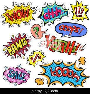Vector Vintage Pop Art Comic Rede und Explosion Blase Set mit den am häufigsten verwendeten Wörtern und Abkürzungen Ohh, Yeah, Sale, Bang, Booom, Wow, Hoppla, perc Stock Vektor