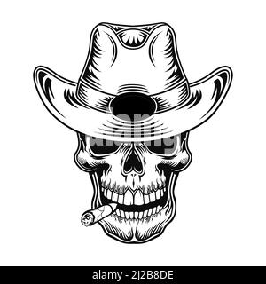 Schädel von Cowboy Vektor-Illustration. Kopf des Charakters in Hut mit Zigarette. Lifestyle-Konzept für Retro-Mode oder Style-Themen, Bar oder Club-Emblem Stock Vektor