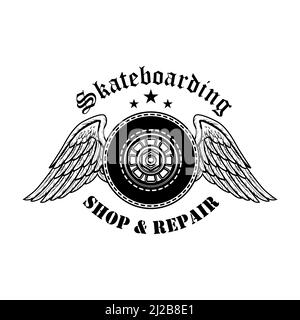 Skateboards Reparatur Symbol Vektor Illustration. Bretter Räder mit Engel Flügel und Text. Extremsportkonzept für Shop- und Service-Embleme oder Labels t Stock Vektor