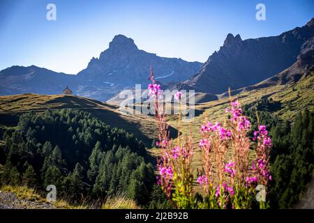 Landschaft des regionalen Naturparks Queyras, Oberfranzösische Alpen (Südostfrankreich): Clausis-Kapelle, Wanderweg „Tour de la Tete de Toillies“ Stockfoto