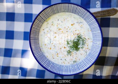 Köstliche bunte lokale Lebensmittel Gurke mit Creme, Kräutern und Nüssen Tarator in einem Restaurant. Traditionelle bulgarische Küche in Bulgarien. Stockfoto