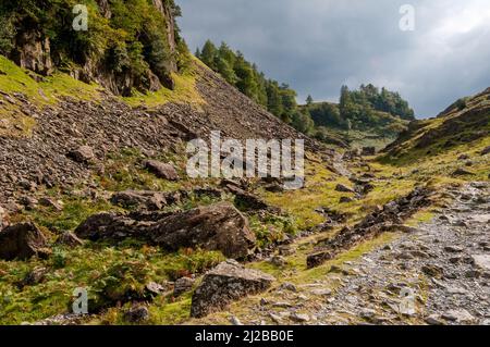 Pfad durch die Jaws of Borrowdale in Richtung Castle Crag im Frühherbst im Lake District, Cumbria, England. Die Sonne scheint whi Stockfoto