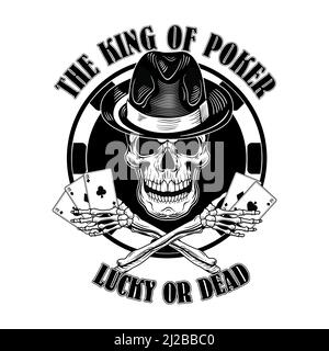 Gangster Casino Schädel Logo. Vintage-Logo, Aufkleber, Aufdruck mit Spielkarten, Zylinderhut. Vektor-Illustration für Poker-Club-Labels, Glücksspiel-Konzept Stock Vektor