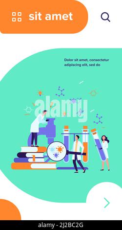 Gruppe von Wissenschaftlern mit Mikroskop, Reagenzgläsern und Büchern, die Epidemiologie erforschen. Chemiker, die Coronavirus-Tests im medizinischen Labor studieren. Kann sein Stock Vektor