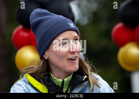 Rust, Deutschland. 31. März 2022. Biathletin Denise Hermann beim DOSB-Medientag "Tokyo meets Beijing" im Europa-Park in Rust. Quelle: Tom Weller/dpa/Alamy Live News Stockfoto