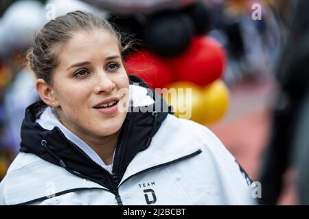 Rust, Deutschland. 31. März 2022. Turnerin Elisabeth Seitz beim DOSB-Medientag „Tokyo meets Beijing“ im Europa-Park in Rust. Quelle: Tom Weller/dpa/Alamy Live News Stockfoto