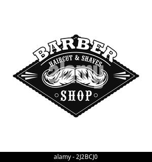 Frisur Salon Vektor Illustration. Schwarzes Etikett mit monochromen Schnurrbart, Textbeispiel. Frisur Konzept für Friseur Shop Emblem Vorlage Stock Vektor