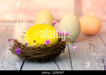 Ein gelbes Osterei in einem Vogelnest mit Blumen vor bunt bemaltem Eierhintergrund. Zusammensetzung der Frühlingsferien. Eier und Blumen auf einem hölzernen t Stockfoto