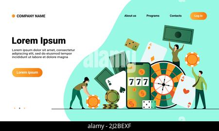 Glückliche kleine Menschen spielen in Online-Casino isoliert flache Vektor-Illustration. Cartoon-Figuren spielen in Roulette, Poker, Blackjack. Geld und ris Stock Vektor