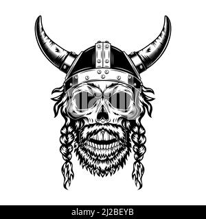 Wikinger Schädel in gehörnten Helm Vektor-Illustration. Monochromer Kopf des skandinavischen Kriegers mit Bart und Bräuten. Krieg oder Kampf Konzept für Tattoo oder Stock Vektor