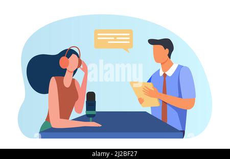Frau interviewte Mann mit Dokument. Radio, Headset, Mikrofon. Flache Vektorgrafik. Podcast Konzept kann für Präsentationen, Banner, Web verwendet werden Stock Vektor