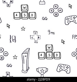 Videospiel nahtlose Muster. Vektordarstellung des Spielekonzepts. Gamer Doodle mit WASD-Tasten und Spielgeräten. Stock Vektor