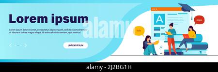 Glückliche Frauen lernen Sprache online isoliert flache Vektor-Illustration. Cartoon weibliche Charaktere, die individuelle Lektionen durch Boten. Educati Stock Vektor